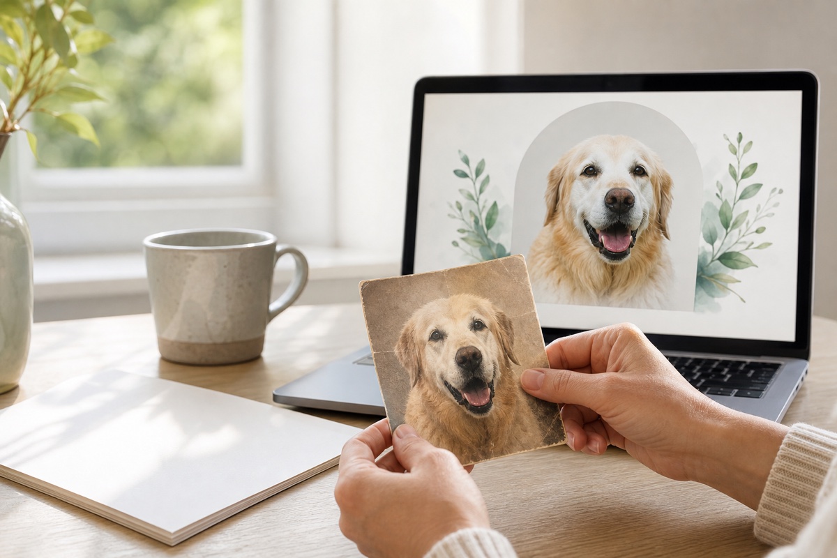 Hands holding an old golden retriever photo beside a memorial portrait concept on a laptop